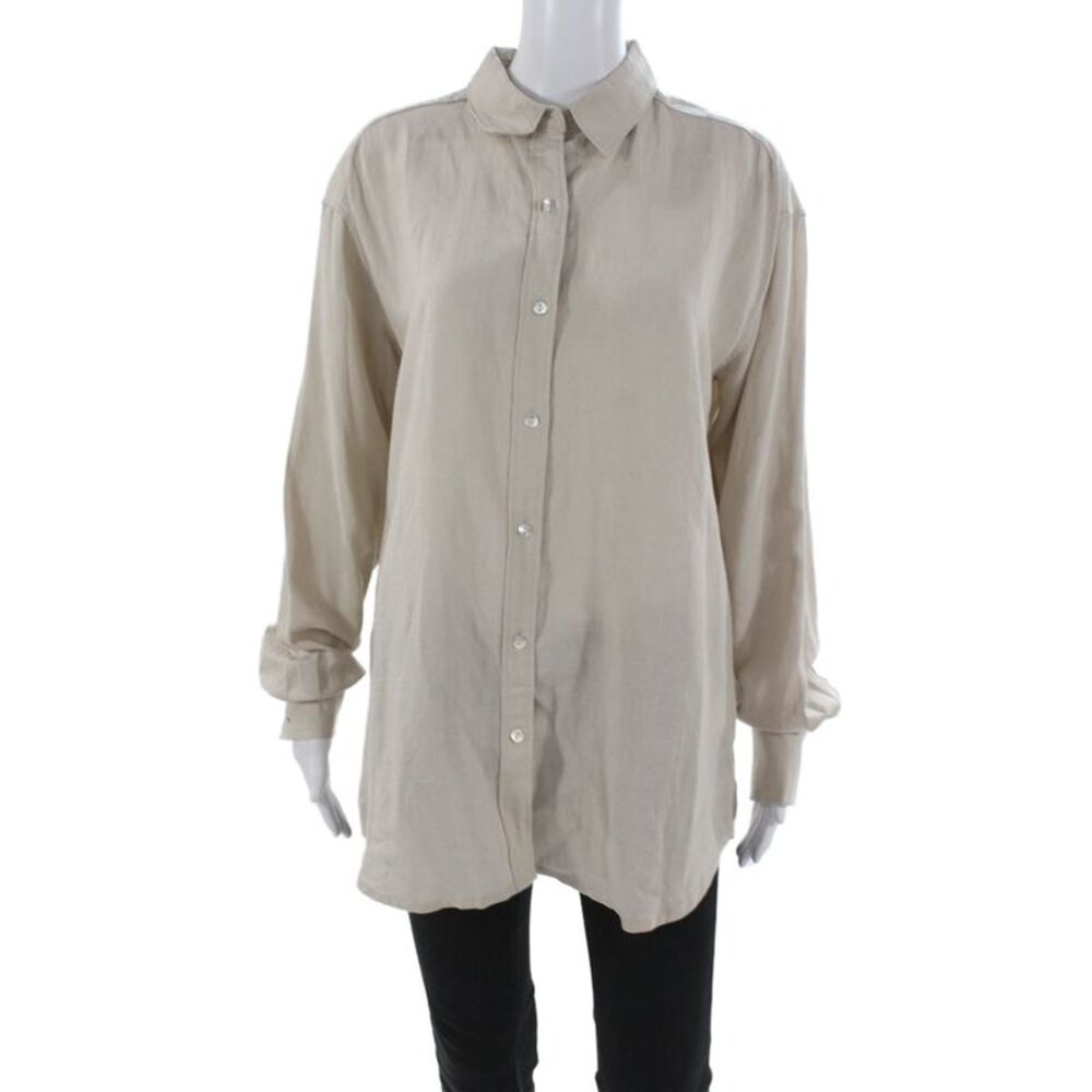 NIA Womens Collared Tencel Tunic Button-Up Long Sleeve Beige Size S